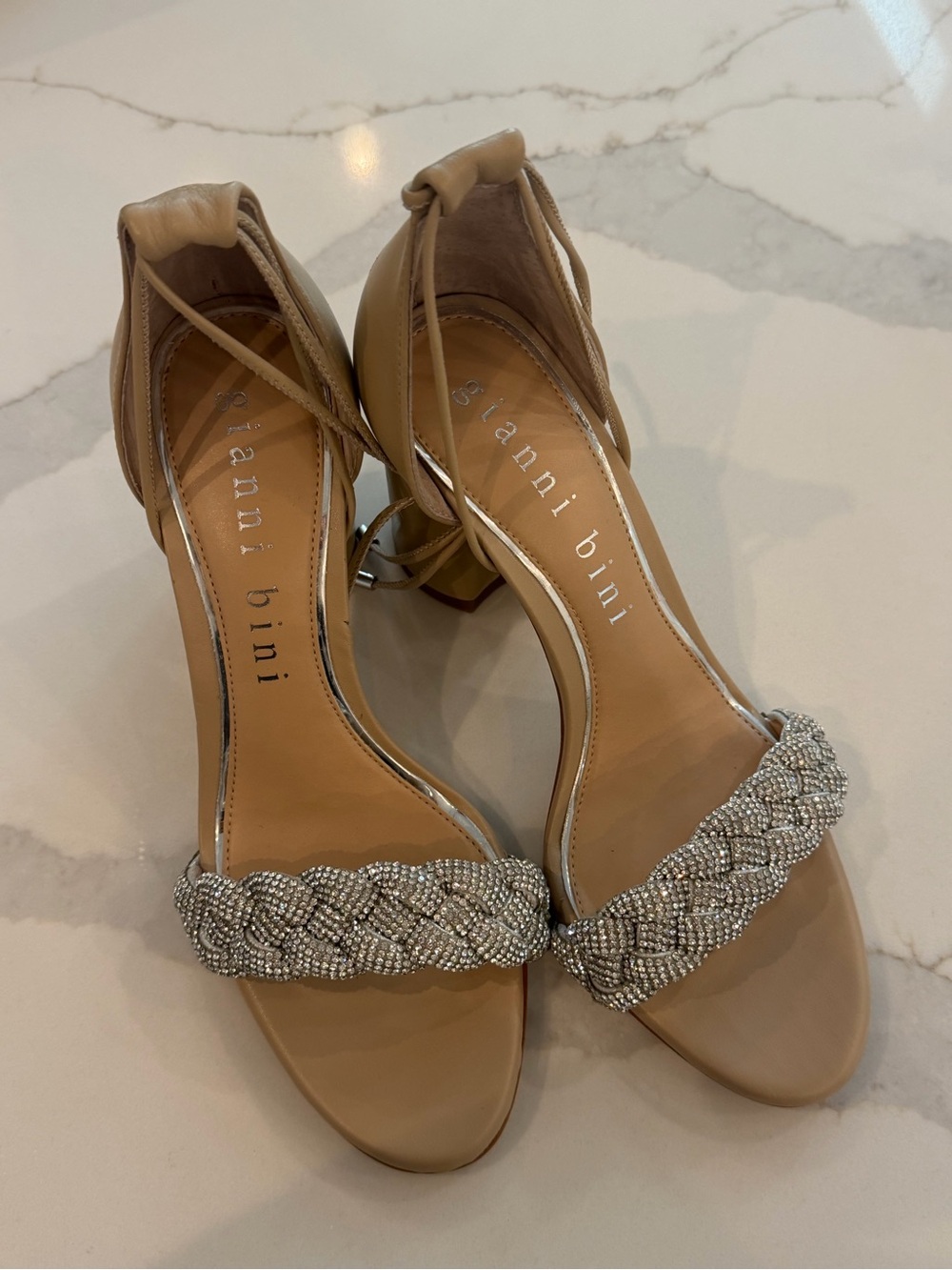 Gianni Bini Tan Heeled Sandals with Silver Braided Crystal Strap